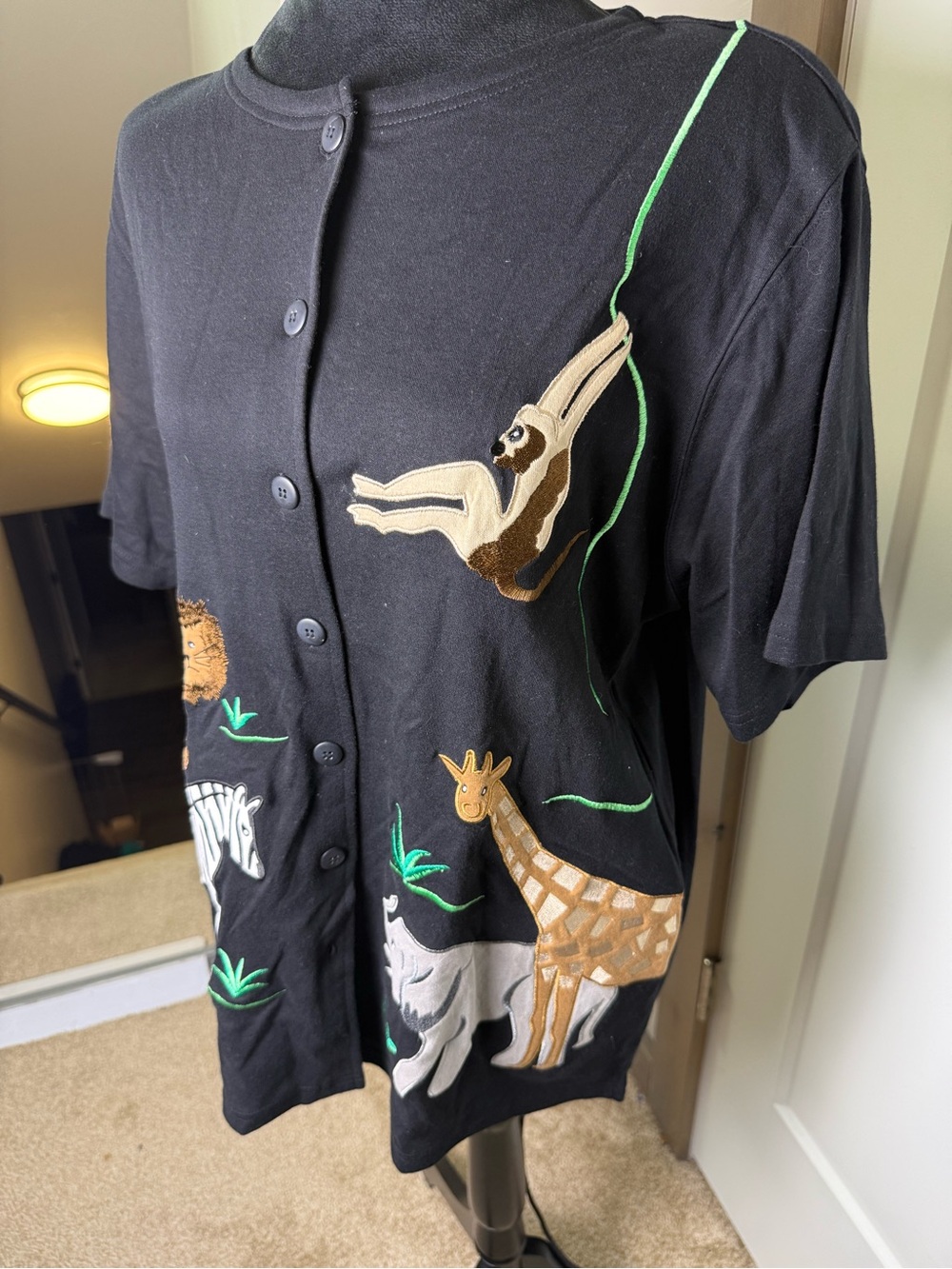 Bechamel Embroidered Button Down Blouse Zoo Safari Animals Artsy Cotton Abstract